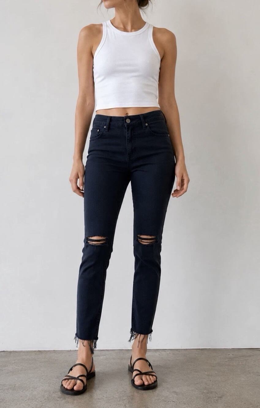 MOTHER Denim The Looker Ankle Fray Jeans Guilty As Sin Black Distress 29x27 $212
